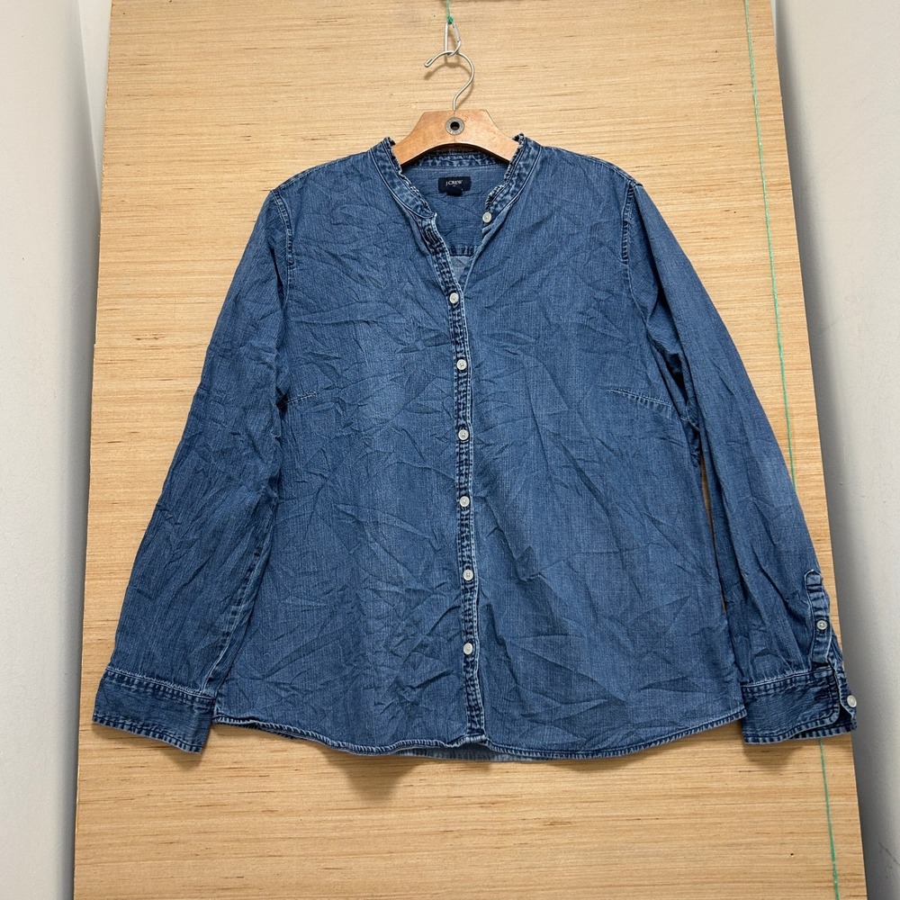J Crew Womens XL Denim Ruffle Neck Button Down Shirt Blue Chambray Long Sleeve